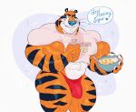  abs anthro barazoku biceps big_butt big_muscles big_pecs blue_nose bodily_fluids bowl bulge butt cereal clothed clothing container english_text erection felid food frosted_flakes fur genitals hi_res huge_butt kellogg&#039;s looking_at_viewer male mammal mascot mezcal_(artist) muscular muscular_anthro muscular_arms muscular_male nipples orange_body orange_fur pantherine pecs penis shirt simple_background smile solo speech_bubble striped_body striped_fur stripes sweat teeth text thong tiger tony_the_tiger topwear underwear 