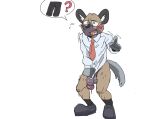  aggretsuko anthro balls blush bodily_fluids bottomless clothed clothing covering covering_self dress_shirt dripping flaccid genital_fluids genitals haida_(aggretsuko) hi_res hollowpup hyena male mammal necktie penis pictographics precum precum_drip sanrio shirt simple_background topwear topwear_only white_background 