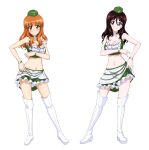  2girls alternate_costume blunt_bangs blush boots breasts brown_eyes brown_hair character_request choker cleavage closed_mouth collarbone crop_top girls_und_panzer high_heel_boots high_heels highres key_(gaigaigai123) large_breasts long_hair looking_at_viewer multiple_girls navel simple_background smile takebe_saori thigh_boots white_background white_footwear 
