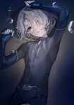  1boy absurdres black_shorts bubble eyelashes fingerless_gloves freckles freminet_(genshin_impact) genshin_impact gloves grey_hair hair_between_eyes hair_over_one_eye highres kkopoli long_sleeves looking_at_viewer male_focus otoko_no_ko parted_lips purple_eyes shorts solo underwater 