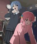  2girls absurdres analog_clock black_skirt black_sweater blue_hair bocchi_the_rock! clock crying crying_with_eyes_open drum drum_set gotoh_hitori highres instrument machuuu68 multiple_girls pink_hair pink_track_suit skirt sweater tears yamada_ryo 