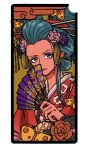  1girl aqua_eyes aqua_hair closed_mouth commentary_request flower hair_flower hair_ornament hair_stick hand_fan holding japanese_clothes kimono kouzuki_hiyori larugo0513 lipstick looking_at_viewer makeup nihongami oiran one_piece pink_flower red_lips solo traditional_clothes 