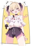  1girl :d black_shorts clothes_writing copyright_request fang hand_on_own_hip ixy long_hair looking_at_viewer midriff multicolored_hair navel open_mouth red_nails shirt shorts skin_fang smile solo standing twintails two-tone_hair white_background white_shirt yellow_background 