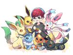  1girl :d ;3 artist_name black_eyes black_hoodie blue_eyes blue_hair blush bright_pupils brown_eyes closed_mouth commentary_request fang flareon glasses grey_eyes grey_pants hands_up highres hood hood_down hoodie jolteon kneeling leafeon long_sleeves looking_at_another looking_at_viewer multicolored_hair one_eye_closed open_mouth pants penny_(pokemon) pleated_skirt poke_ball_print pokemon pokemon_(creature) pokemon_(game) pokemon_sv red_eyes red_hair round_eyewear saki_pokeoekaki see-through see-through_skirt short_hair simple_background skirt smile swept_bangs sylveon twitter_username two-tone_hair umbreon vaporeon white_background white_pupils 