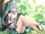  1girl blue_hair blurry book breasts clothing_cutout commentary_request depth_of_field dress faruzan_(genshin_impact) feet_out_of_frame genshin_impact green_nails hair_ornament highres holding holding_book knees_up legs long_hair looking_at_viewer outdoors parted_lips shoulder_cutout sitting sleeveless sleeveless_dress small_breasts solo thighs tree triangle-shaped_pupils twintails ura_(hamburg_oniku) white_dress x_hair_ornament 