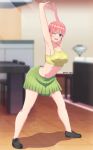  1girl ;) absurdres arched_back asobi_night ass black_footwear blue_eyes blush breasts cammy_stretch_(meme) cleavage collarbone curvy flexible from_side full_body go-toubun_no_hanayome green_skirt highres indoors large_breasts leaning_forward looking_at_viewer meme midriff nakano_ichika navel one_eye_closed open_mouth pantylines pink_hair plump short_hair skindentation skirt smile solo sports_bra thick_thighs thighs twitter_username 