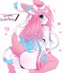  &lt;3 anthro blue_eyes blush bow_ribbon bra butt clothing eeveelution english_text female flustered generation_6_pokemon hair hi_res ivyuun leaning leaning_forward legwear looking_at_viewer nintendo pink_hair pokemon pokemon_(species) rear_view solo sylveon text thick_thighs thigh_highs underwear white_body 