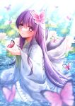  1girl animal aoshima_kanae blurry blurry_foreground blush bug butterfly butterfly_hair_ornament closed_mouth depth_of_field frilled_kimono frills grey_kimono hair_between_eyes hair_ornament hands_up highres japanese_clothes kimono long_hair long_sleeves original purple_hair red_eyes shallow_water smile solo very_long_hair water wide_sleeves 