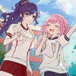  2girls asahina_mafuyu blue_eyes blue_pants blunt_bangs building character_name closed_eyes falling_leaves gym_shirt gym_shorts highres holding holding_towel kheng_(k_heng1223) laughing leaf long_hair multiple_girls ootori_emu pants pink_hair project_sekai purple_hair red_pants shirt short_hair shorts sidelocks smile sweat swept_bangs towel towel_around_neck white_shirt 