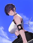  1girl black_leggings blue_sky breasts closed_mouth dutch_angle hunyan large_breasts leggings light_smile looking_at_viewer original purple_hair red_eyes short_hair sitting sky solo tank_top white_tank_top 