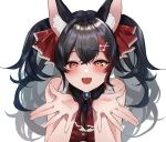  1girl :3 :d animal_ear_fluff animal_ears ascot black_hair blush breasts brooch cleavage cosplay cropped_jacket hair_ornament hair_ribbon hairclip heart heart-shaped_pupils hololive houshou_marine houshou_marine_(cosplay) jacket jewelry large_breasts long_hair looking_at_viewer multicolored_hair ookami_mio open_mouth red_ascot red_hair red_jacket red_ribbon ribbon sleeveless sleeveless_jacket smile solo streaked_hair symbol-shaped_pupils tako_8_yaki twintails wolf_ears wolf_girl yellow_eyes 