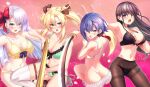  4girls absurdres aqua_eyes ass black_hair blonde_hair blue_eyes blue_hair bow bra breasts elfine_phillet from_behind gun hair_bow highres holding holding_gun holding_sword holding_weapon keigen_hichou large_breasts long_hair lyseria_christaria multiple_girls navel pantyhose purple_eyes red_bow regina_mercedes sakuya_sieglinde seiken_gakuin_no_maken_tsukai short_hair sword thighhighs twintails underwear weapon white_hair white_thighhighs 