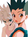  2boys black_hair blue_eyes brown_eyes collarbone gon_freecss green_shirt highres hunter_x_hunter killua_zoldyck looking_at_viewer male_child male_focus multiple_boys shirt short_hair simple_background sleeveless spiked_hair thicopoyo upper_body white_background white_hair white_shirt 
