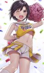  1girl antenna_hair arm_behind_back bare_shoulders black_eyes black_hair blurry blurry_background blush breasts cheerleader confetti cowboy_shot crop_top cropped_shirt dot_nose from_below hand_up highres holding holding_pom_poms idolmaster idolmaster_(classic) idolmaster_million_live! idolmaster_million_live!_theater_days kikuchi_makoto looking_at_viewer midriff navel one_eye_closed open_mouth overskirt pom_pom_(cheerleading) print_shirt raimone26 shirt short_hair shorts shorts_under_skirt simple_background skirt sleeveless sleeveless_shirt small_breasts smile socks solo standing sweat teeth text_print upper_teeth_only white_background white_shorts white_socks white_wristband yellow_shirt yellow_skirt 