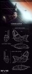  blueprint_(medium) commentary concept_art copyright_name e-will eve_online from_side glowing hauler_(eve_online) highres logo minmatar_republic_(eve_online) multiple_views no_humans original outdoors reference_sheet science_fiction sky solar_panel space spacecraft star_(sky) starry_sky thrusters vehicle_focus 