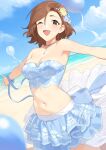  1girl ;d absurdres armpits asymmetrical_bangs balloon bare_shoulders beach blue_skirt blue_tube_top blurry blurry_background blush breasts brown_hair cleavage collarbone flower hair_flower hair_ornament highres idolmaster idolmaster_cinderella_girls layered_skirt looking_at_viewer medium_breasts mizuki_seira navel onao one_eye_closed outdoors outstretched_arms ribbon skirt smile solo stomach strapless tube_top wrist_ribbon 