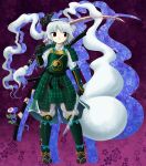  1girl armor black_hairband closed_mouth flower full_body ghost gradient_background grey_hair hairband highres holding holding_sword holding_weapon japanese_armor katana konpaku_youmu konpaku_youmu_(ghost) kote kusazuri looking_to_the_side multiple_swords parasite_oyatsu purple_background red_eyes short_hair shoulder_armor sode standing suneate sword touhou weapon zun_(style) 