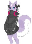  2023 aggressive_retsuko anthro biped black_clothing black_topwear blue_eyes clothing digital_media_(artwork) female fur headphones headphones_around_neck hi_res kame_3 multicolored_body multicolored_fur pupils purple_body purple_fur sanrio shikabane simple_background slit_pupils solo standing topwear two_tone_body two_tone_fur white_background white_body white_fur 