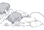  2girls after_sex back closed_eyes completely_nude couple happy head_on_pillow highres luuxiriver multiple_girls nude ranma-chan ranma_1/2 short_hair simple_background smile tendou_akane touching_another&#039;s_back white_background yuri 