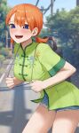  1girl backpack bag blue_eyes blurry blurry_background blush breasts chinese_clothes commentary_request denim denim_shorts go-toubun_no_hanayome gomashiwo_o hair_tie highres looking_at_viewer medium_hair nakano_yotsuba open_mouth orange_hair power_lines shorts smile solo tagme tree twintails 