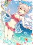  1girl absurdres animal_ear_fluff animal_ears beach bikini breasts cat_ears cat_girl cat_tail commission criss-cross_halter fangs forked_tail green_eyes halterneck heterochromia highres light_brown_hair midriff multiple_tails navel nekomata prism_project red_bikini reizouko short_hair skeb_commission solo suzune_nia swimsuit tail two_tails virtual_youtuber yellow_eyes 
