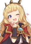  1girl ;d absurdres blonde_hair blunt_bangs cagliostro_(granblue_fantasy) cape capelet gazacy_(dai) granblue_fantasy heart highres index_finger_raised long_hair looking_at_viewer one_eye_closed purple_eyes red_cape red_capelet round_teeth simple_background smile solo teeth tiara upper_body upper_teeth_only white_background 