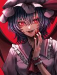  1girl bat_wings blue_hair breasts brooch commentary_request fangs fangs_out frilled_shirt_collar frills hair_between_eyes hand_up hat highres jewelry looking_at_viewer mamiru_(42105269) mob_cap nail_polish red_background red_eyes red_nails remilia_scarlet scot short_hair simple_background small_breasts solo touhou upper_body vampire wings 
