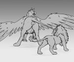  animal_genitalia avian backsack balls duo felid feral genitals greyscale gryphon hi_res lion looking_back male mammal mane monochrome mythological_avian mythology pantherine sheath size_difference spread_wings tail tail_pull thatgryphonguy wings 