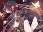  1girl ass black_coat black_headwear black_shorts blush breasts brown_hair bug butterfly coat coattails flower genshin_impact grin hat hat_flower hu_tao_(genshin_impact) long_hair long_sleeves looking_at_viewer looking_back plum_blossoms red_eyes shorts small_breasts smile solo symbol-shaped_pupils thighs twintails very_long_hair vision_(genshin_impact) yoshida_pino 