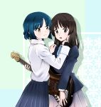  2girls akiyama_mio bass_guitar black_eyes black_hair blazer blue_hair blue_ribbon blue_skirt blunt_bangs bocchi_the_rock! closed_mouth collared_shirt commentary crossover fieldpig from_side grey_skirt hand_on_another&#039;s_cheek hand_on_another&#039;s_face hand_on_another&#039;s_shoulder highres hime_cut holding holding_instrument instrument jacket k-on! long_hair long_sleeves mole mole_under_eye multiple_girls neck_ribbon open_mouth pleated_skirt ribbon sakuragaoka_high_school_uniform school_uniform shimokitazawa_high_school_uniform shirt short_hair sidelocks skirt smile standing white_shirt winter_uniform yamada_ryou yellow_eyes 