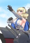  1girl akashieru blonde_hair blue_eyes blue_necktie blue_sky braid breasts cannon capelet cloud cloudy_sky colorado_(kancolle) day dress elbow_gloves garrison_cap gloves grey_capelet grey_dress grey_gloves grey_headwear hat headgear highres kantai_collection large_breasts lattice_mast machinery necktie open_mouth pleated_dress rigging shirt short_hair side_braids sideboob sideless_shirt signature sky sleeveless smokestack turret white_shirt 