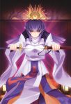  1girl absurdres bou hair_ornament highres holding holding_sword holding_weapon japanese_clothes katana kimono koubuin_yuuhi looking_at_viewer muvluv muvluv_alternative official_art ponytail purple_eyes purple_hair sheath solo sword weapon white_kimono wide_sleeves 