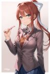  1girl absurdres blazer blue_skirt breasts brown_hair brown_jacket brown_sweater_vest collared_shirt doki_doki_literature_club green_eyes hair_ribbon high_ponytail highres holding holding_pen jacket long_hair minijaham monika_(doki_doki_literature_club) neck_ribbon pen pleated_skirt red_ribbon ribbon school_uniform shirt sidelocks signature skirt solo sweater_vest white_ribbon white_shirt 