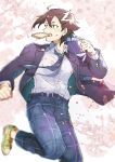  1boy bag belt black_belt black_hair black_jacket blue_bag blurry blush buttons depth_of_field fate/grand_order fate_(series) food food_in_mouth highres holding holding_bag jacket long_sleeves male_focus mandricardo_(fate) mouth_hold multicolored_hair necktie pants petals plaid plaid_pants running school_uniform shirt short_hair solo spring_(season) streaked_hair striped_necktie sweatdrop toast toast_in_mouth tumikilondon5 white_shirt yellow_footwear 