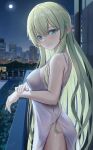  1girl balcony blonde_hair blue_eyes blush breasts building cityscape commentary_request cowboy_shot elf full_moon hair_between_eyes highres large_breasts long_hair looking_at_viewer looking_back may9 moon moonlight negligee night original outdoors pointy_ears side_slit sky smile star_(sky) starry_sky straight_hair 