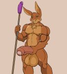  anthro balls big_balls big_penis body_hair chest_hair dildo_spear droll3 erection genitals hand_on_penis hi_res huge_balls huge_penis lagomorph leporid looking_at_viewer male mammal melee_weapon muscular muscular_male penis polearm pubes rabbit smile smiling_at_viewer solo spear weapon 