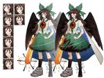  1girl arm_cannon as-zero blood blood_on_clothes boots bow brown_hair cape closed_eyes collared_shirt expressions full_body gem green_bow green_skirt hair_bow library_of_ruina long_hair multiple_views open_mouth project_moon puffy_short_sleeves puffy_sleeves red_gemstone reiuji_utsuho shirt short_sleeves simple_background single_boot skirt touhou very_long_hair weapon white_background white_cape white_shirt 