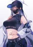  1girl baseball_cap belt black_belt black_pants blue_archive blue_eyes blue_hair blue_nails breasts crop_top halo hat highres jacket large_breasts long_hair mask midriff mouth_mask navel off_shoulder pants saori_(blue_archive) sea_nami solo stomach very_long_hair white_jacket 