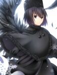  1girl black_capelet black_dress black_eyes black_feathers black_gloves black_hair black_headwear black_wings capelet closed_mouth commentary_request dress feathered_wings feathers fur-trimmed_capelet fur-trimmed_headwear fur_collar fur_hat fur_trim gloves hat highres kuonji_alice long_sleeves looking_at_viewer mahou_tsukai_no_yoru short_hair simple_background ushanka vent_vert_(kuuya) white_background wings 