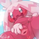  &lt;3 &lt;3_eyes anus blush clitoris cotora generation_9_pokemon genitals hi_res humanoid low-angle_view nintendo not_furry open_mouth outside pink_body pokemon pokemon_(species) pussy sky smile spread_legs spread_pussy spreading tinkaton young 