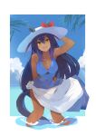  1girl :d absurdres alternate_costume animal_ears bana_(stand_flower) blue_hair blue_one-piece_swimsuit blue_sky blush breasts brown_eyes cleavage commentary_request covered_navel dark-skinned_female dark_skin day fang hair_between_eyes hat highres hip_vent hishi_amazon_(umamusume) horse_ears horse_girl horse_tail large_breasts leaning_forward long_hair looking_at_viewer one-piece_swimsuit outdoors sarong skin_fang sky smile solo sun_hat swimsuit tail umamusume wading 