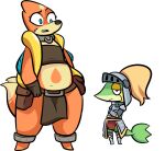  2018 2_tails aly_(simplifypm) amelia_(simplifypm) anthro armor biped blue_eyes clothed clothing crossed_arms duo female fingers floatzel fur generation_4_pokemon generation_5_pokemon gloves green_body green_skin green_tail handwear multi_tail nintendo open_mouth orange_body orange_fur orange_tail partially_clothed piko_(simplifypm) pokemon pokemon_(species) red_eyes shelby_(simplifypm) simple_background snivy squiddy62 standing tail teeth white_background 