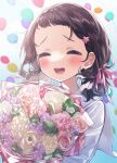  1girl balloon black_hair blush bouquet brown_hair closed_eyes facing_viewer flower hair_ribbon holding holding_bouquet kurihara_sakura leaf medium_hair open_mouth original pink_flower pink_ribbon purple_flower red_flower ribbon rose sailor_collar simple_background solo upper_body white_flower white_sailor_collar 