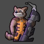  absurd_res anthro brown_body brown_fur cel_shading clothing confident fluffy fur guardians_of_the_galaxy gun half-length_portrait hi_res holding_object holding_weapon looking_away looking_up luhrak male mammal markings marvel neutral_expression outline overalls portrait procyonid purple_light raccoon ranged_weapon rocket_raccoon shaded shoulder_pads simple_background smoke solo standing striped_markings striped_tail stripes tail tail_markings weapon 