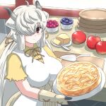  1girl animal_ears apple apple_pie blueberry blush breasts brown_eyes butter dessert dress extra_ears food fruit gloves hair_over_one_eye horns kemono_friends kemono_friends_3 large_breasts long_hair looking_at_viewer mukouyama_mu ox_ears ox_girl ox_horns pie plate raspberry ribbon shirt short_sleeves smile solo tail twintails very_long_hair white_hair yak_(kemono_friends) 
