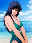  1980s_(style) 1girl beach black_hair breasts choujikuu_yousai_macross cloud comiket_96 commentary_request green_eyes grin long_hair looking_at_viewer lynn_minmay macross macross:_do_you_remember_love? ocean official_style photo_background retro_artstyle robotech smile swimsuit tachibana_kazuto teeth 
