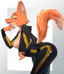  2023 anthro black_bodysuit bodysuit breasts canid canine clothed clothing diane_foxington digital_media_(artwork) dreamworks eyebrow_piercing facial_piercing female fox fur hi_res looking_at_viewer mammal nipples notafurrytho orange_body orange_fur piercing simple_background skinsuit smile solo the_bad_guys tight_clothing tongue tongue_out 