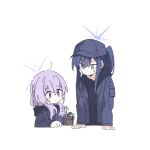  2girls atsuko_(blue_archive) baseball_cap black_hoodie black_jacket blue_archive blue_hair blue_headwear blush flower flower_pot halo hat high_ponytail hood hoodie jacket low_twintails multiple_girls purple_hair saori_(blue_archive) seal_007 simple_background twintails upper_body white_background white_flower 