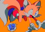  ! 1boy ? animal_ears animal_nose blue_eyes fox_boy fox_ears furry furry_male gloves highres male_focus menma_(enaic31) mismatched_pupils multiple_tails no_humans open_mouth orange_background red_footwear simple_background sonic_(series) spoken_exclamation_mark spoken_question_mark sweatdrop tail tails_(sonic) tripping two_tails white_gloves 
