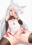 1girl absurdres ahoge animal_ear_fluff animal_ears bare_shoulders black_thighhighs blue_eyes blush bridal_gauntlets erection foreskin fox_cutout fox_ears futanari grey_hair heart highres indie_virtual_youtuber kotonoha_yukino long_hair looking_at_viewer nose_blush open_mouth penis phimosis precum sleepypudding solo spoken_heart teeth testicles thighhighs tongue tongue_out twitching_penis uncensored upper_teeth_only virtual_youtuber 